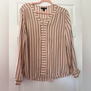Roz & Ali Blush Pink Vertical-Stripe V-Neck Blouse with Zip Trim